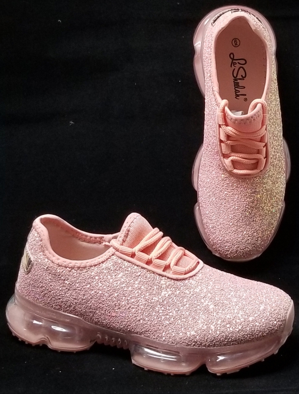 New Pink Glitter Knit Lace Clear Bubble Sneakers